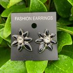 NEW Black & Silver Flower Earrings w/ Rhinestone for Pierced Ears Photo 0