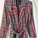 7th Avenue Blazer Jacket Gray Purple Red‎ Plaid Notch Lapel Belted Size 4 Red Photo 1