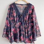 Torrid  Babydoll Chiffon Lurex Crochet Lace-Up Sheer Blouse, Black Red Floral, 1X Photo 0