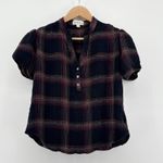 Cloth & Stone  Sunset Plaid Top Textured Henley Shirt Puff Sleeve Small Black Red Photo 2