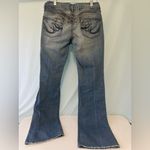 EXPRESS Vintage Eva Blue Flare Jeans with Black Floral Embellished Goth Photo 6