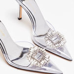 Good American Cinderella Clear Embellished Heels Pumps NEW Size 6 Silver DRESSY Photo 0