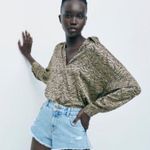 ZARA Oversized Animal Print Top Zebra Green Silky Flowy Button Up XS Photo 1