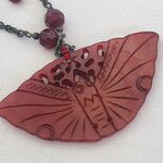 Unique Hand Carved Stone Butterfly Moth Pendant Necklace Red Photo 2
