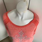 Miss Me coral colored large rhinestone cross boat neck sweatshirt Photo 2