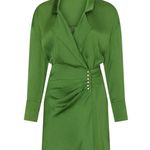 Ba&sh Green Mini Shirt Dress XS Wrap Designer Cocktail Satin Ruched Holiday $340 Photo 7