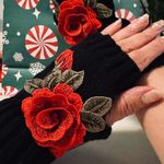 Boutique Black Knit Gloves with Red Rose Embroidery Detail Fingerlesss One Size Photo 1