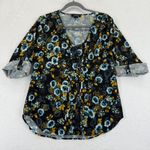 Yumi Kim Floral Blouse Medium Roll Tab Sleeve Button Down V Neck Womens Photo 0