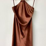 Staud Satin Sleeveless Halter Mini Dress with Gold Necklace Brown Women's Size S Photo 2