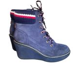 Tommy Hilfiger  Navy Wedge Suede Leather Ankle Twsolenne Bootie Heel Boots Size 6 Photo 8