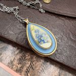 Vintage 70s Forget Me Not Pendant Necklace 18" Stainless Steel Chain Blue Photo 0
