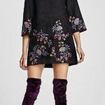 ZARA  Black Embroidered Floral Mini Dress Medium Faux Suede High Neck 3/4 Sleeves Photo 0