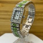 Suzanne Somers Deco Watch Green Square Channel Set Stones Women's Silver Tone Photo 1