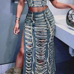 Fashionable Denim Ripped Vest Slit Skirt Two Photo 3