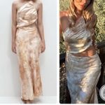 ZARA  NWT satin cutout one shoulder beige ivory printed maxi evening dress Photo 0