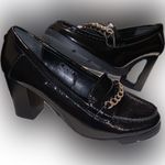 Jones New York Vintage Lug Sole Chunky Patent Faux Leather Loafer Black Heels 8 Photo 2
