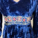 April Cornell Victorian Crushed Velvet Cottagecore Embroidered Midi Dress XS Blue Photo 5