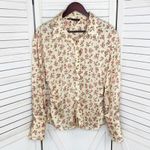 ZARA  Satin Floral Print Ruched Sides Blouse Cream Pink Small Button Front Photo 8