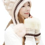Women Knit Beanie Winter Ski Hat Cap with Earflap Pom Glove Set Photo 4