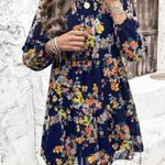 NEW Boho Navy and Floral Shirred Bodice Long Sleeve Ruffle Skirt Mini Dress Blue Size M Photo 6