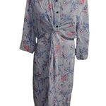 Suzanne Betro Long Sleeve Gray Striped Floral Design Waist Twist High Low Dress Photo 2