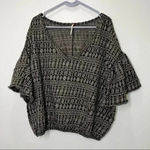 Free People  Black Taupe‎ Cotton Knit Comfy Short Top Ruffle Sleeves size L Photo 1