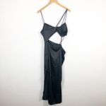 ZARA Black Asymmetric Satin Midi Dress Size Large Cut Out Sexy Cocktail Wedding Photo 11