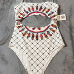 Cupshe NWT Swimsuit One Piece White Feathers Open Middle Size Medium Bohemian Photo 0