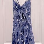 Hollister Open Back Linen Blend Mini Dress Lace Up Tie Back Blue Floral XS Photo 4