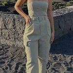 ZARA jumpsuit technical fabric cargo sleeveless wide streight leg light khaki Photo 11