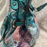 Kathy Van Zeeland  Turquoise‎ Patent Leather Multicolor Satin Fabric Shoulder Bag Photo 6