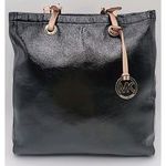 Michael Kors  Black Patent Leather Purse Shoulder Bag Tan Strap Logo Charm READ Photo 1