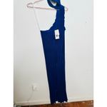 L’IDEE Regal Blue 90s One Shoulder High Neck Satin Plisse Lettuce Hemline Dress Size 10 Photo 7