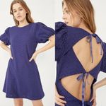 Free People Apricot Rose Eyelet Puff Sleeve Ribbon Bow Tie Back Mini Dress Blue Photo 1