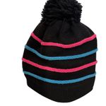 Vintage 80s Black Wool Ski Hat Neon Pink Blue Stripes Pom Pom Photo 1