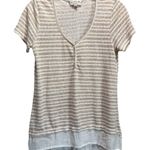 Studio B Beige/White Striped Short Sleeve Buttons V Neck Size Small High/Low Tan Photo 0