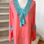 Maison du Caftan Coral Pink & Teal Metallic Embroidered Tunic Size XL Photo 0