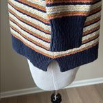 Madewell  Arden Cropped Cream and Blue V-Neck Sweater with Navy Trim Photo 4