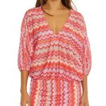 Trina Turk Swim Cover Mini Dress Blouson Sheer Chevron Stripe Pink Orange L-XL Photo 0