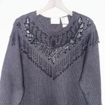 Vintage Beaded Sequin Goth Kathie Lee V Neck Long Sleeve Scalloped Sweater Tunic Black Size M Photo 3