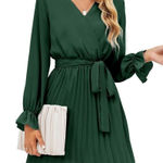 NWT Women's Lg Wrap V Neck Short Dress Pleated Tie Waist Long Puff Sleeve Green Photo 0