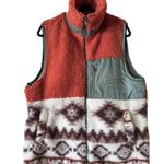 Urban Daizy Sherpa Fleece Vest Aztec Print Orange Green Pockets Full Zip Warm Size L Photo 0