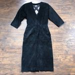 vintage • 1980s black suede leather dress sheath plunge neck criss cross open Photo 3