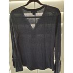 Liz Claiborne Women's M Blue Charcoal Split V-Neck Top Tie Cuff Blouse Photo 3