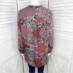 Ellen Tracy Multi Print Ruffle Front Blouse Small Red Black 3/4 Button Photo 3