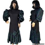 Vintage Leslie Lucks plaid drop waist dress puffy sleeves green black medium Photo 1