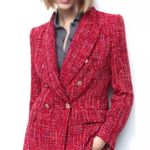 ZARA Red Tweed Double Breasted Blazer – Size Small – Gold Buttons Photo 0