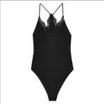 Topshop NWT Bodysuit Top Ribbed Knit and Lace Trim Strappy Straps Black Size US Photo 2