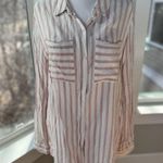 Pink and White Striped Flowy Rayon Long Sleeve Button Down Shirt Sz Large Photo 6