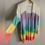 Debut  Rainbow Color Block Waffle Knit Cardigan Sweater Longline Pockets S-M Photo 1
